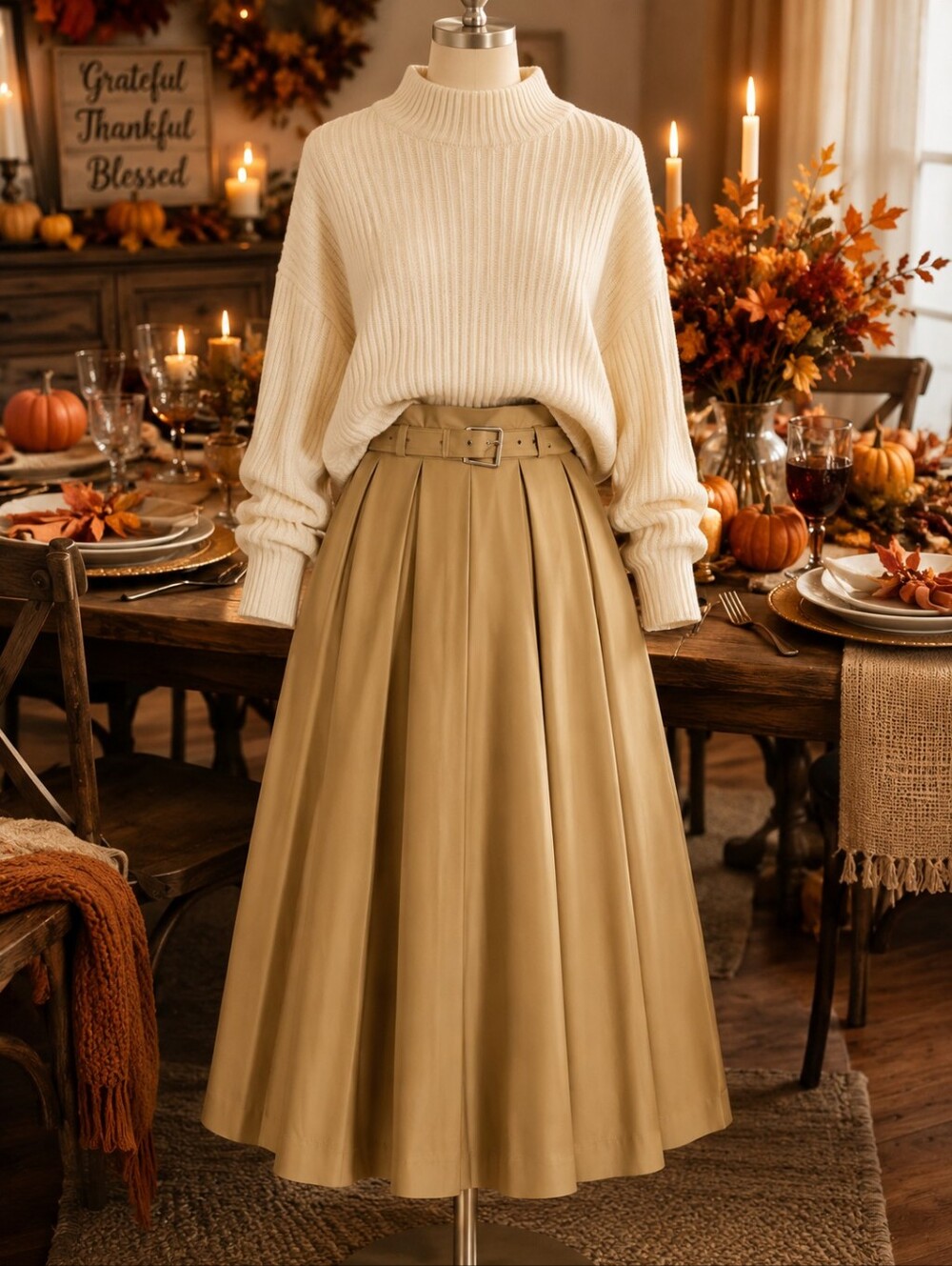 Pleated Midi Skirt with Belt - Olive